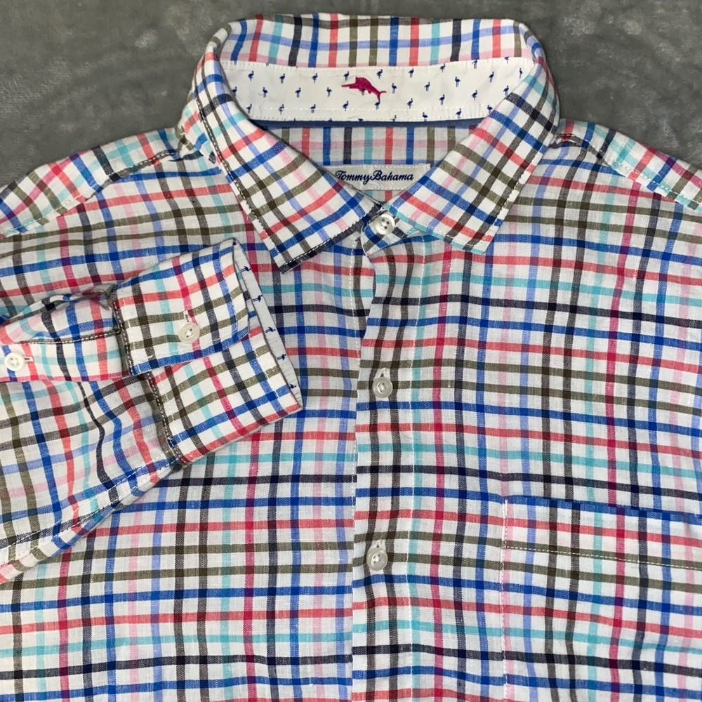 Tommy Bahama Mens L G Plaid Button Down Shirt Long Sleeve Collared Casual